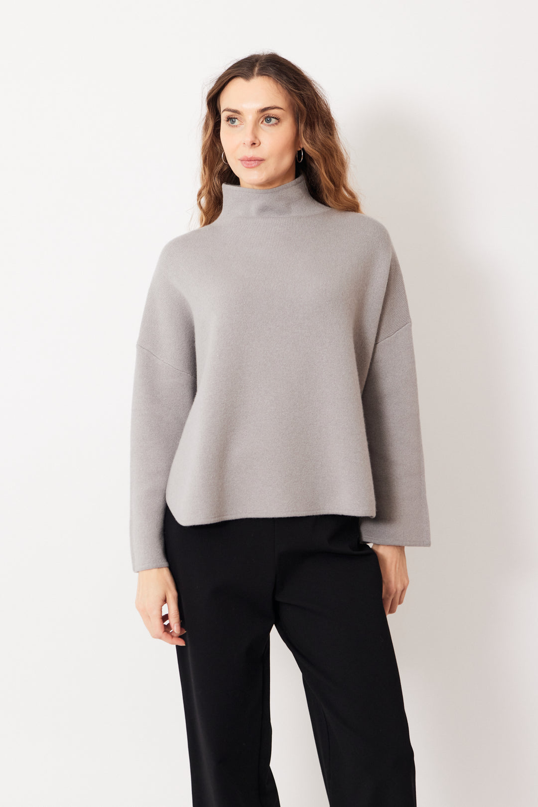 Mari wearing Allude Mock Neck Virgin Wool Cashmere Blend Sweater front view