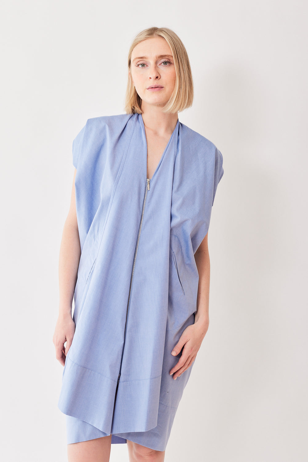 Madi wearing Zero + Maria Cornejo Summer Chambray Foil Dress front view