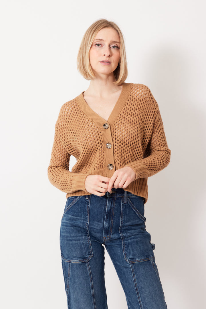 Madi wearing Allude Open Weave V Cardigan front view