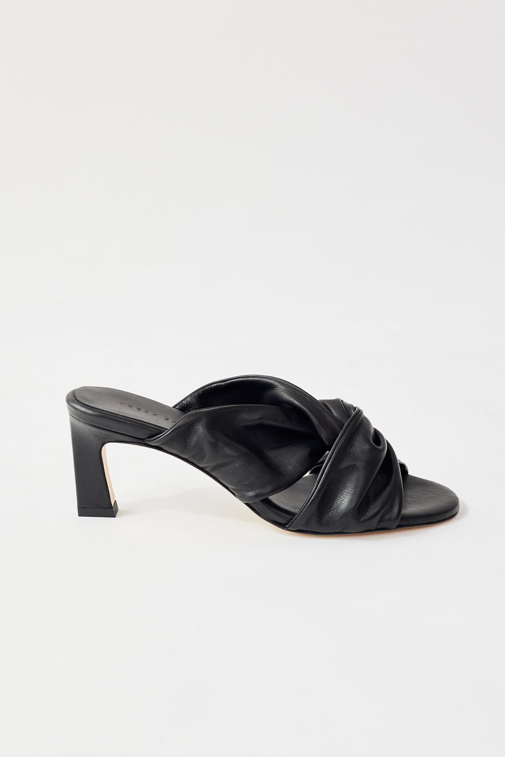 Flat lay of Frēda Salvador Valentina Ruched Mid Heel Sandal front view