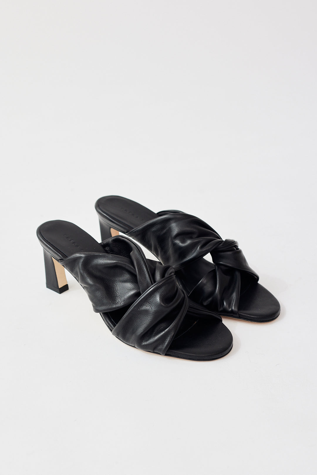 Flat lay of Frēda Salvador Valentina Ruched Mid Heel Sandal front view