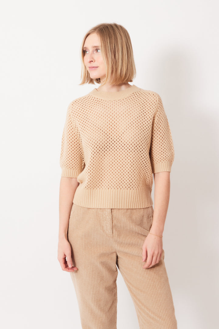 Madi waring Allude Half Sleeve Open Weave Sweater front view