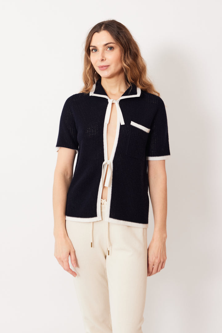 Mari wearing Allude Quarter Sleeve Double Tie Collar Cardigan front view