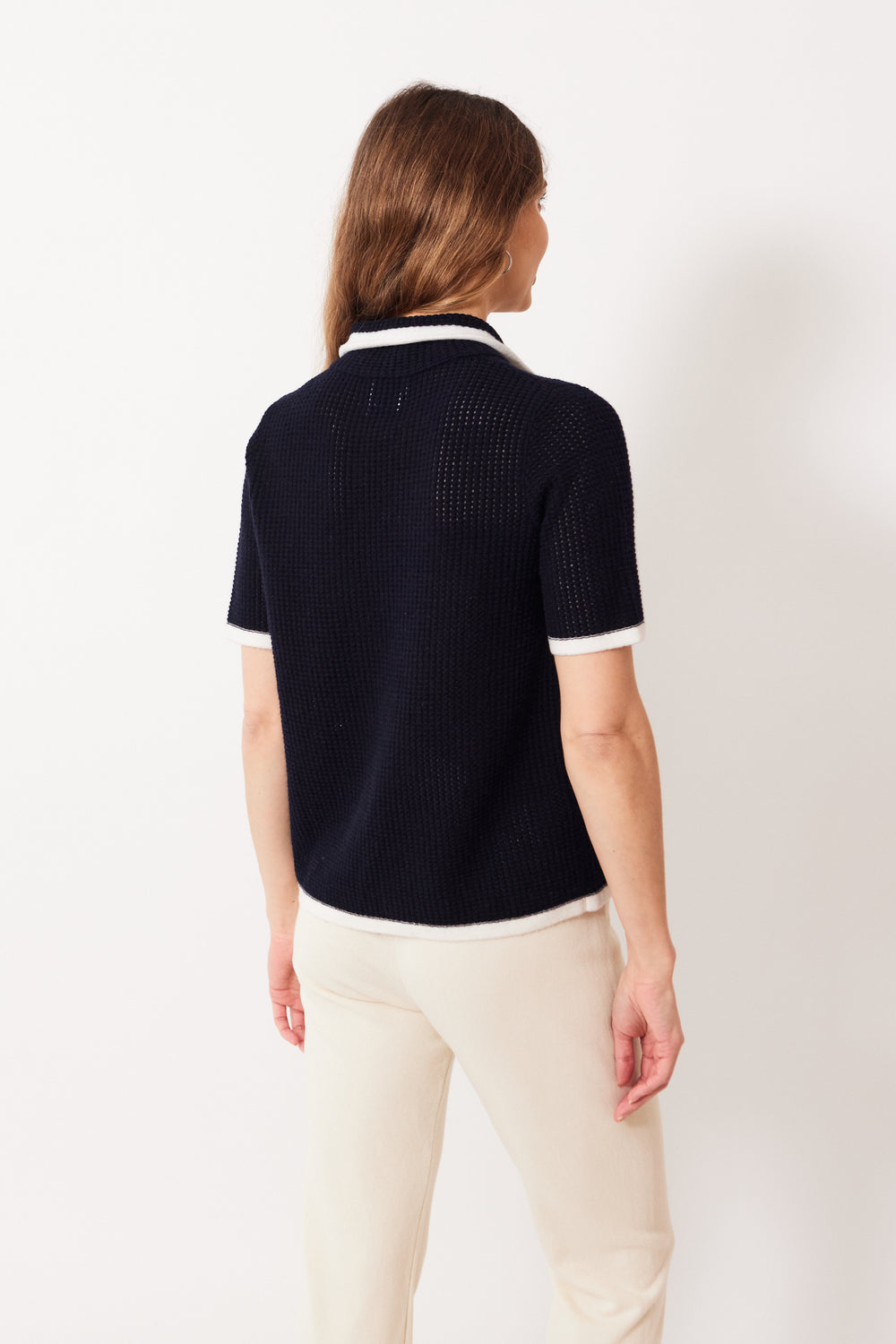 Mari wearing Allude Quarter Sleeve Double Tie Collar Cardigan rear view