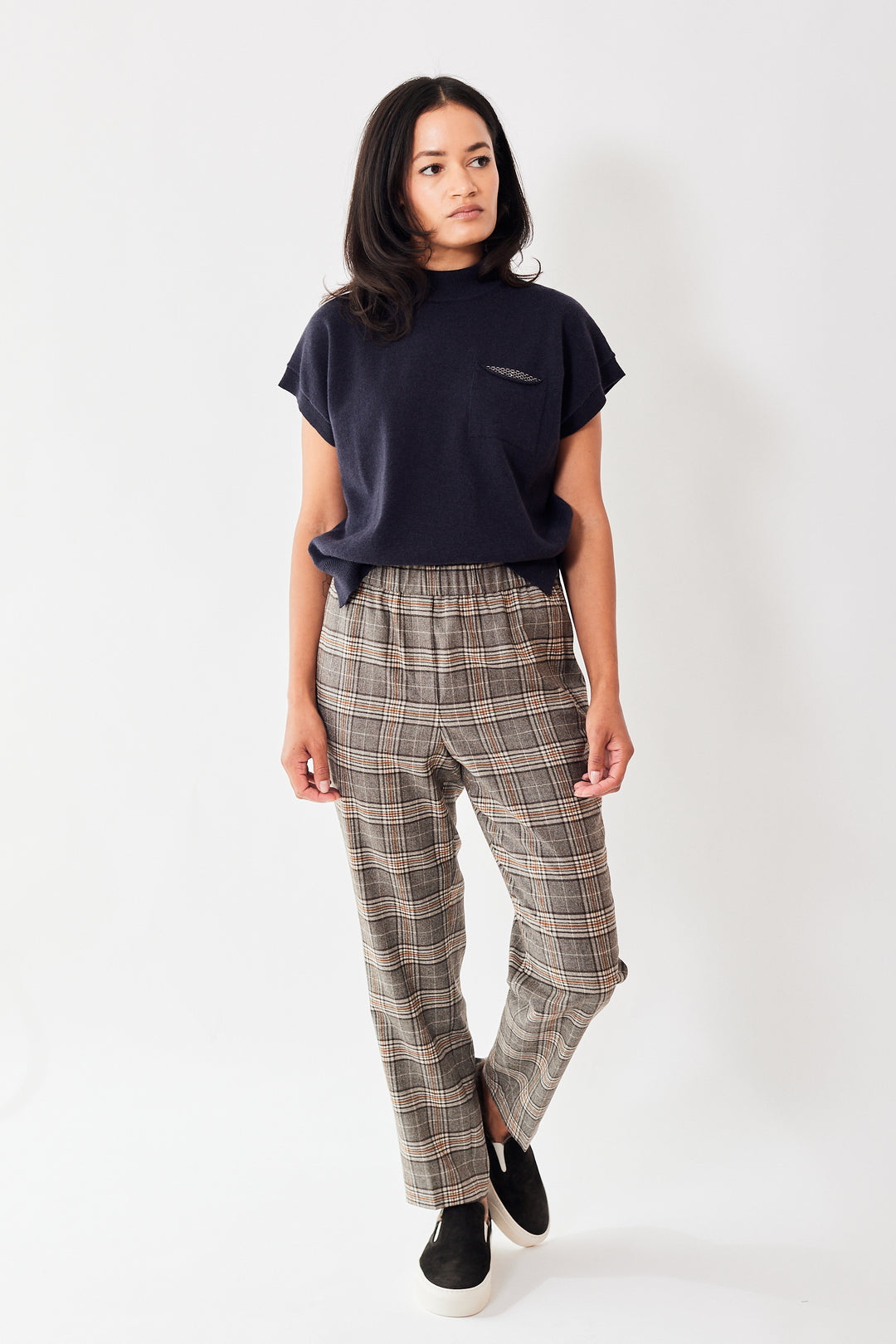 Amanda wearing Peserico Virgin Wool Stretch Flannel Check Pant front view