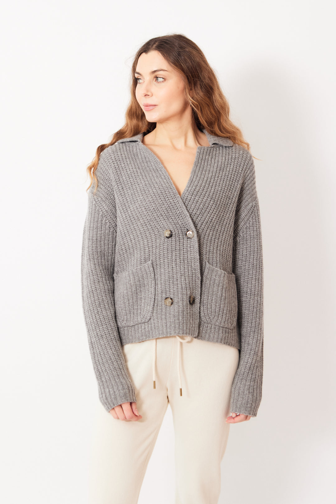 Mari wearing Allude Virgin Wool Cashmere DB Jacket Sweater front view