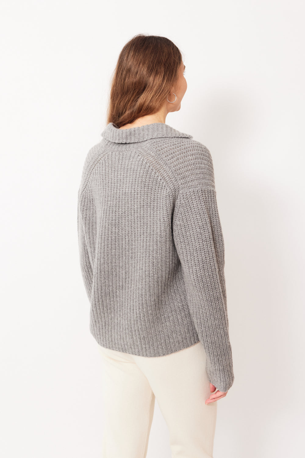 Mari wearing Allude Virgin Wool Cashmere DB Jacket Sweater rear view