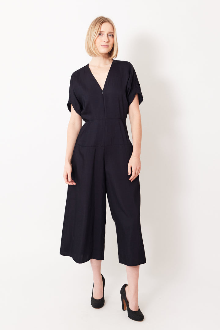 Madi wearing Zero + Maria Cornejo Aissa Eve Viscose Toile Jumpsuit front view