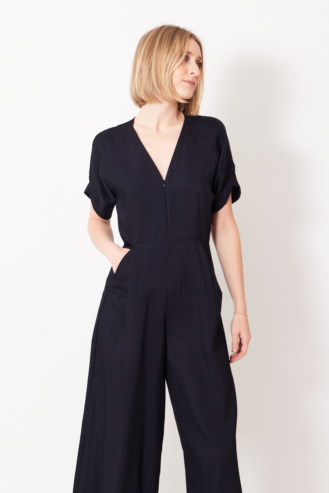 Madi wearing Zero + Maria Cornejo Aissa Eve Viscose Toile Jumpsuit front view