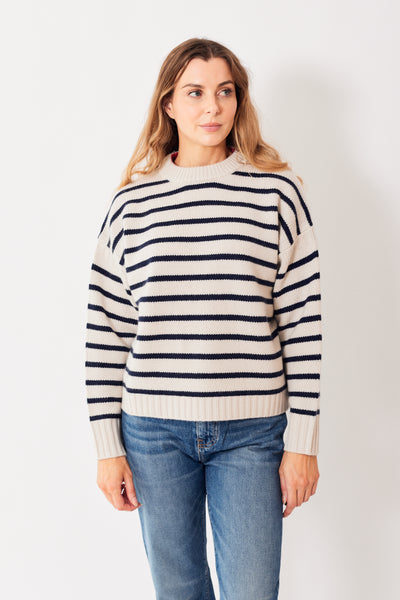 Mari earing White + Warren Cashmere Blend Striped Crewneck front view