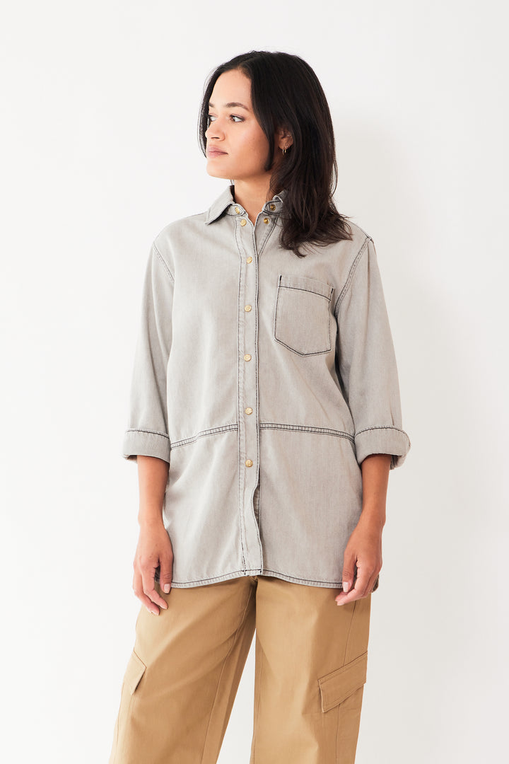 Amanda wearing Ganni Future Denim Oversized Shirt front view