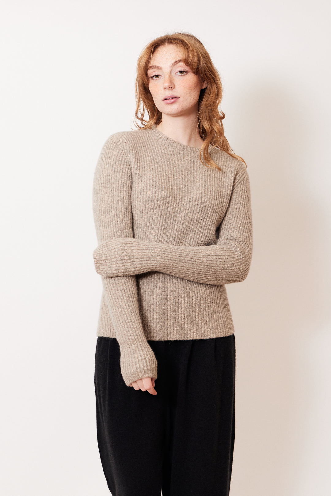 Waverly wearing Lauren Manoogian Soft Rib Crewneck front view