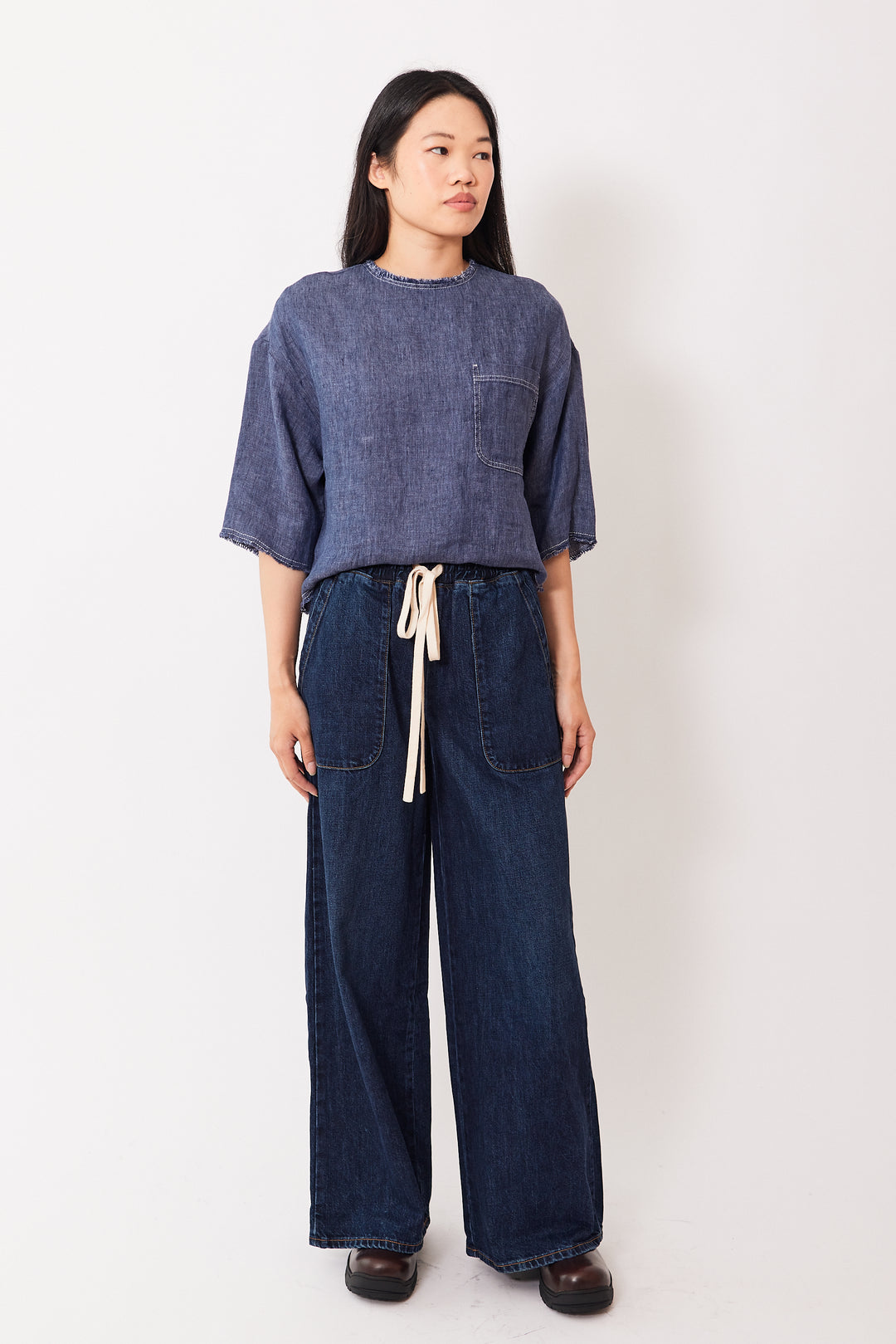 Madelyn wearing TWP Denim Drawstring Pant With Pockets front view