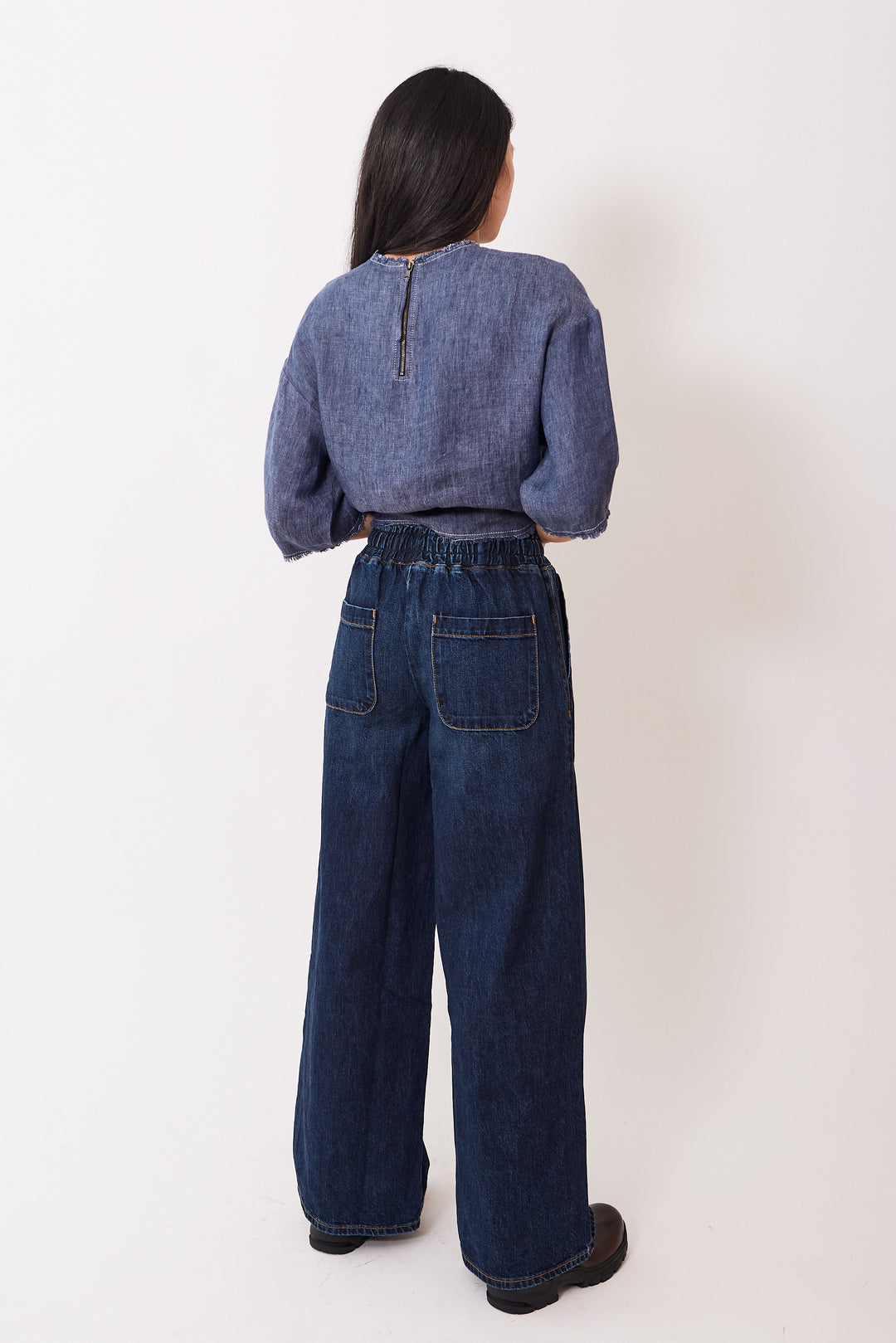 Madelyn wearing TWP Denim Drawstring Pant With Pockets rear view