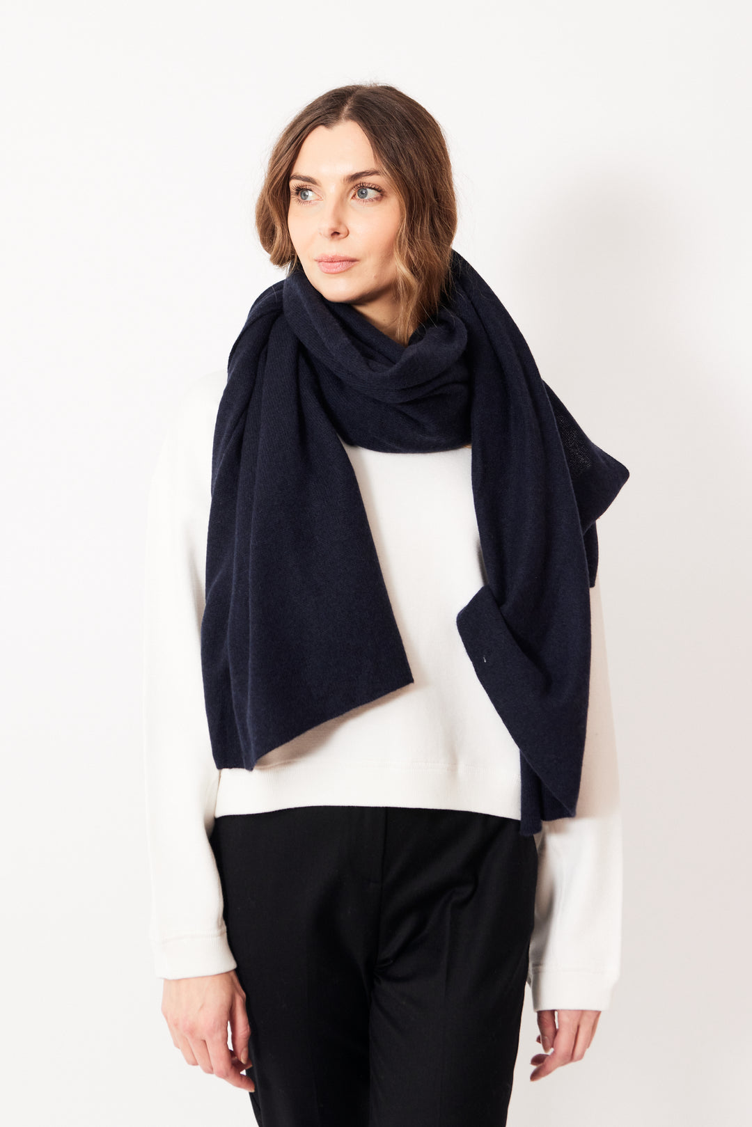 Mari wearing White + Warren Cashmere Travel Wrap front view