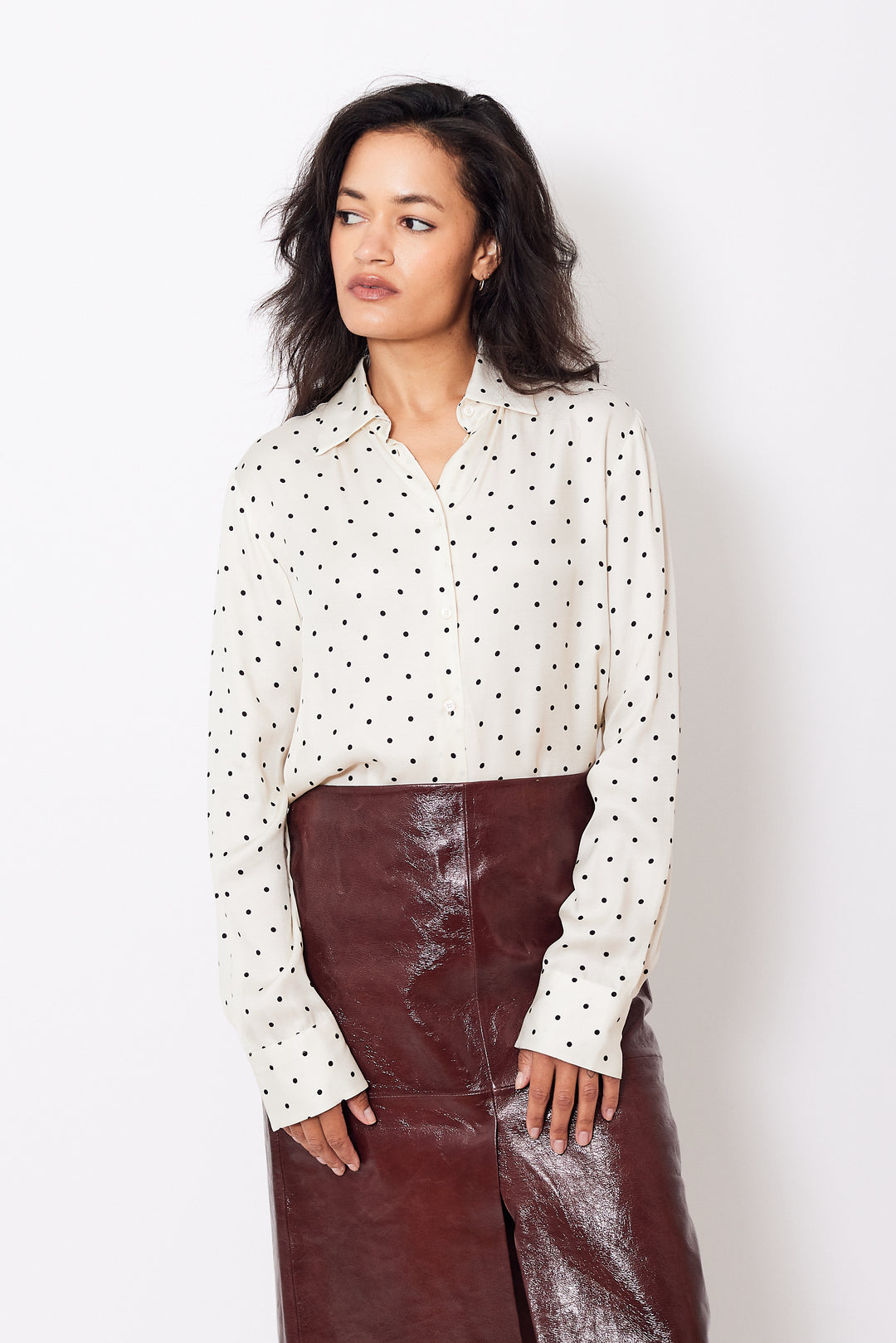 Amanda wearing Seventy Dotted Viscose Blouse front view