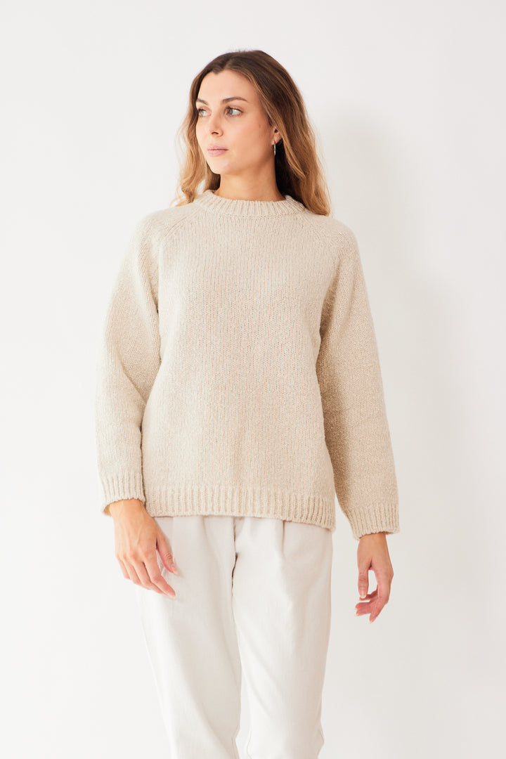 Mari wearing Evam Eva Renew Wool Raglan Pullover front view