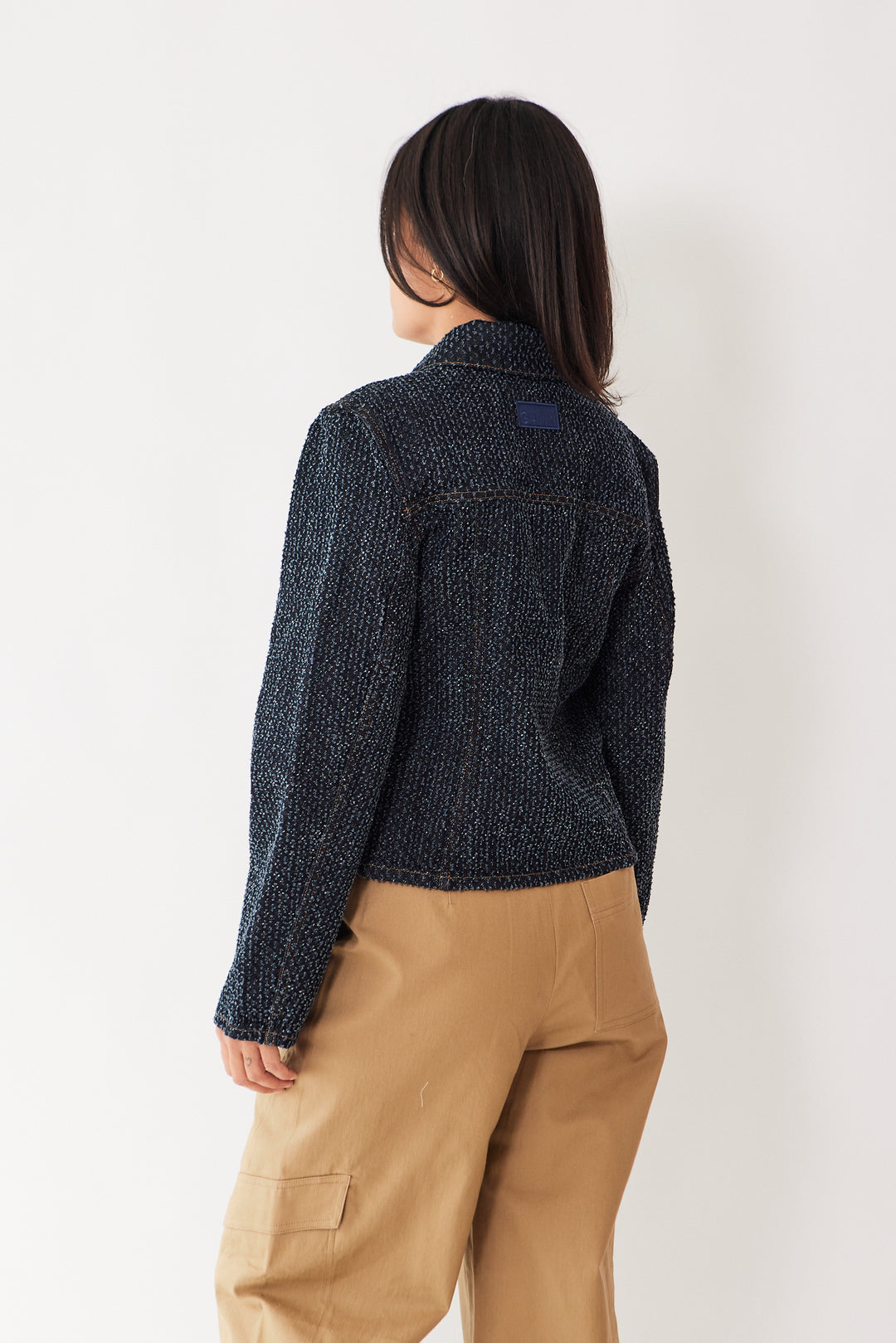 Amanda wearing Ganni Fluffy Denim Fitted Blazer rear view