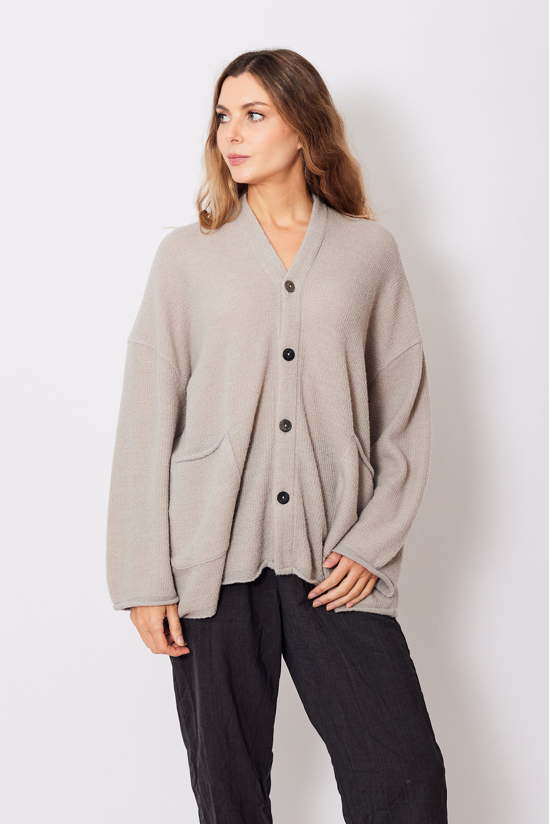 Mari wearing Pas de Calais Fine Boucle Knit Cardigan front view