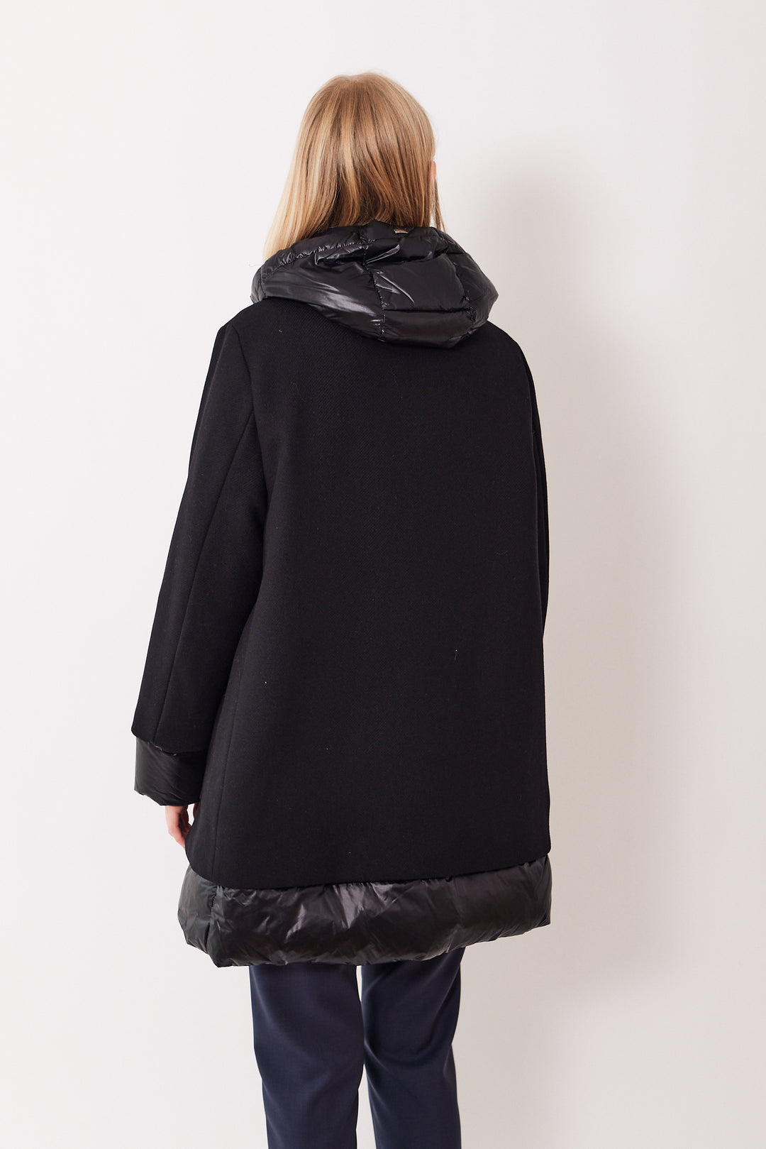 Madi wearing Herno Eco Wool A Shape Coat With Shiny Nylon Hood And Bottom black rear view