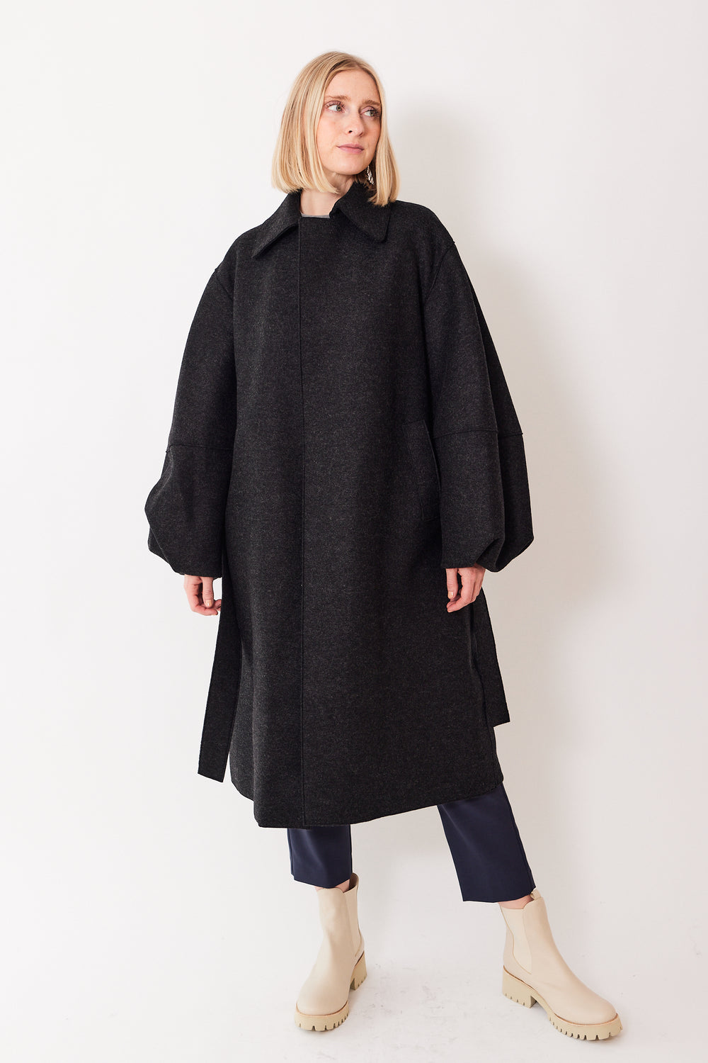 Madi wearing Harris Wharf Pressed Wool Puff Sleeved Coat front view