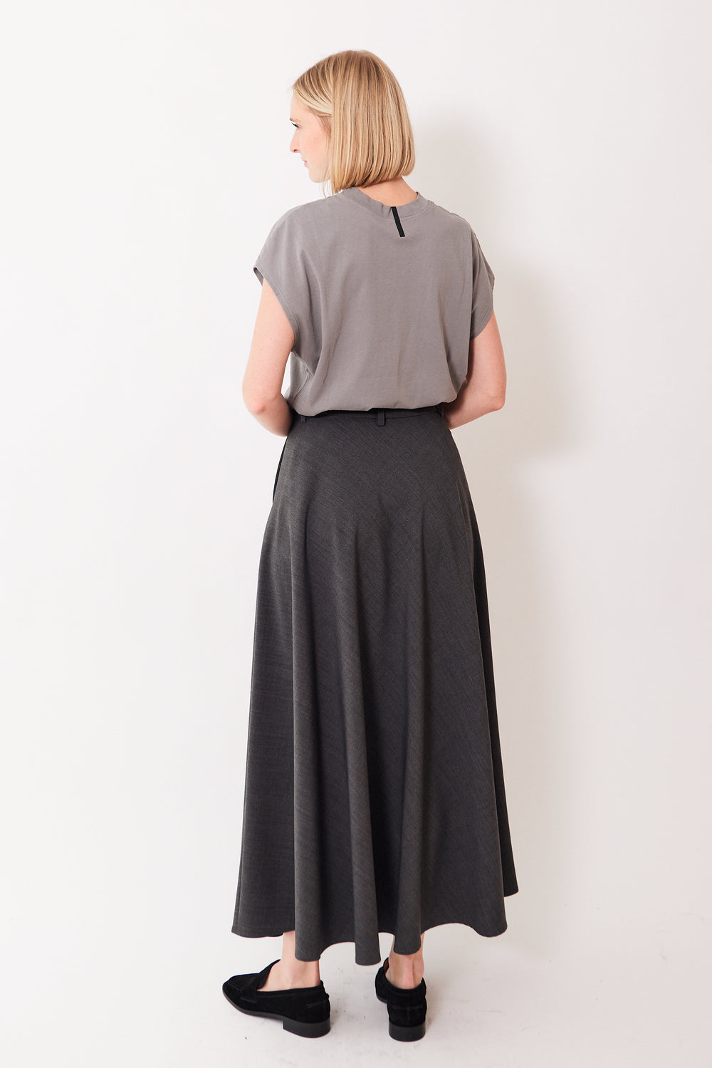 Madi wearing Herno Half Circle Maxi Skirt With Pockets rear view