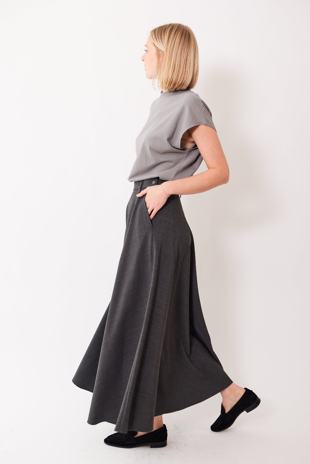 Madi wearing Herno Half Circle Maxi Skirt With Pockets front view