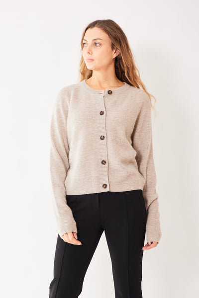 Mari wearing White + Warren Cashmere Waffle Cardigan front view