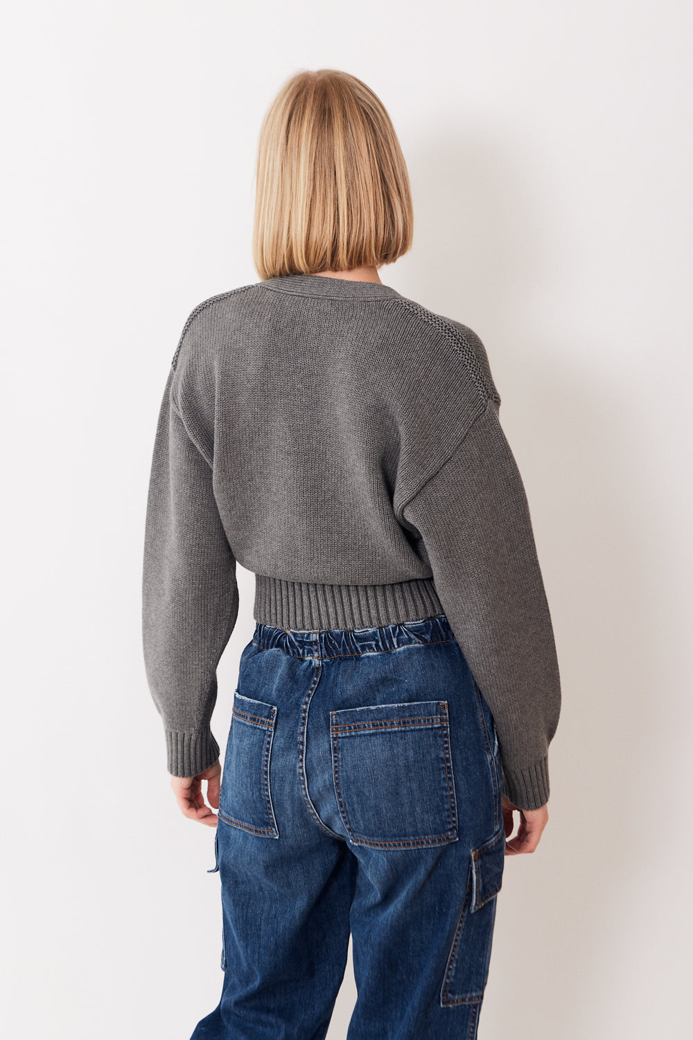 Madi wearing White + Warren Organic Cotton Button Cardigan rear view