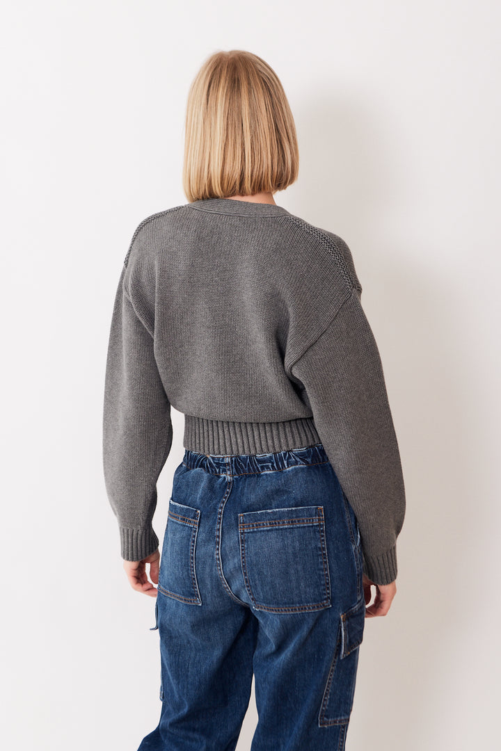 Madi wearing White + Warren Organic Cotton Button Cardigan rear view