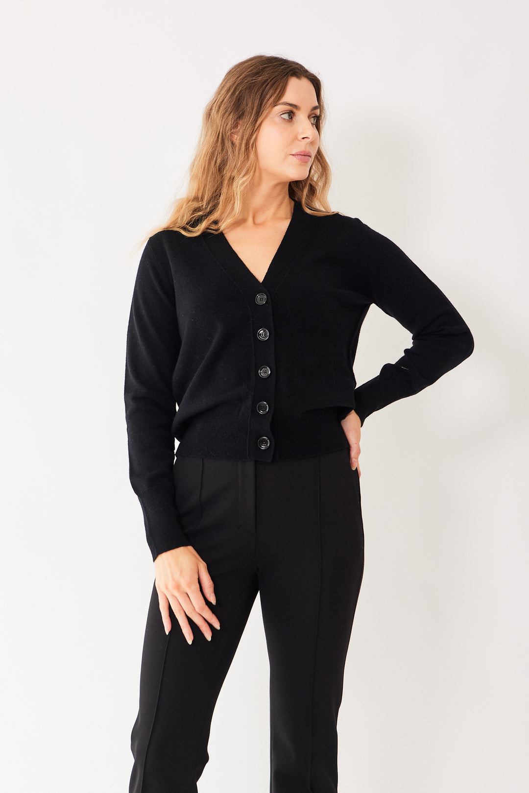 Mari wearing Allude Virgin Wool Cashmere 5 Button Cardigan front view