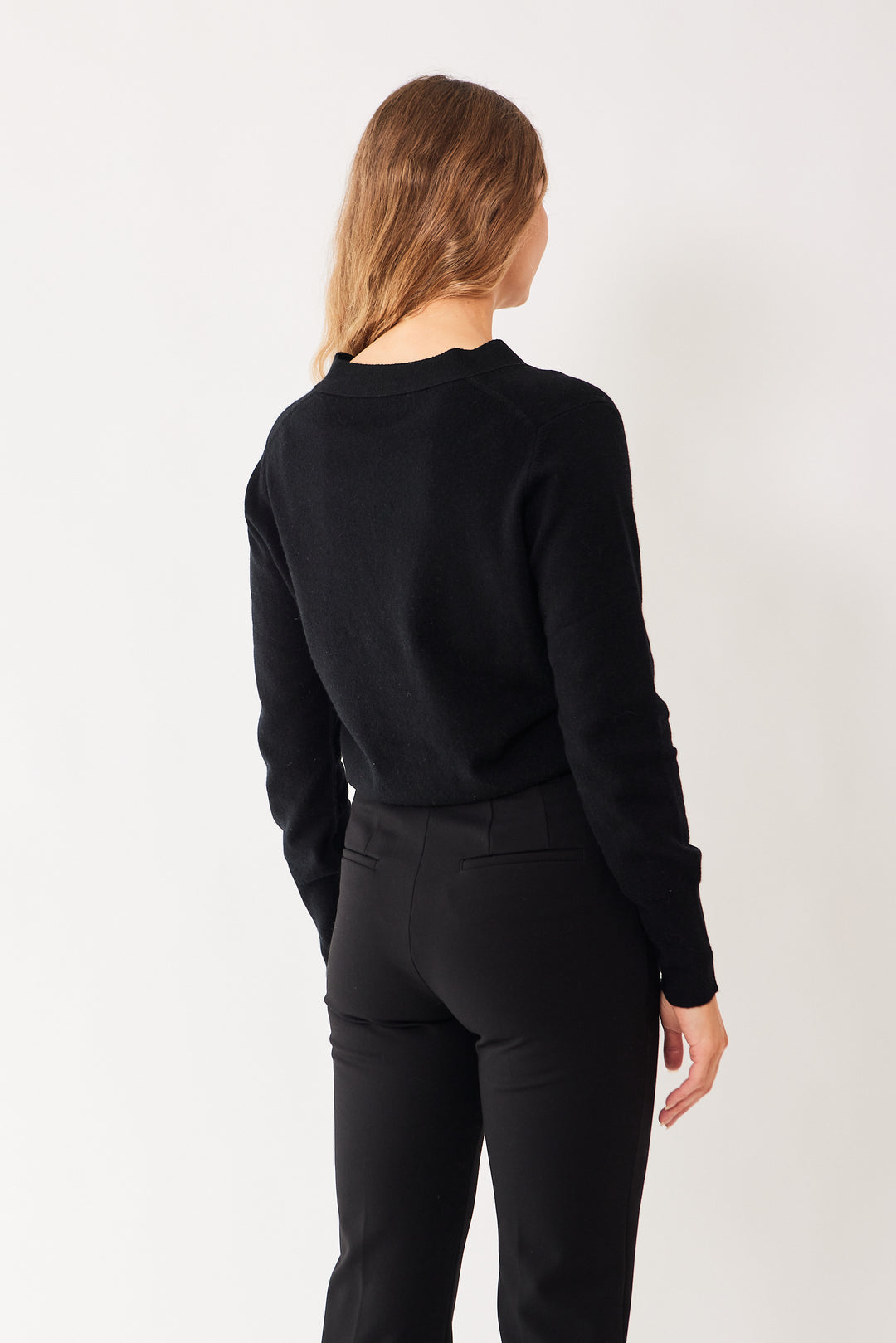 Mari wearing Allude Virgin Wool Cashmere 5 Button Cardigan rear view