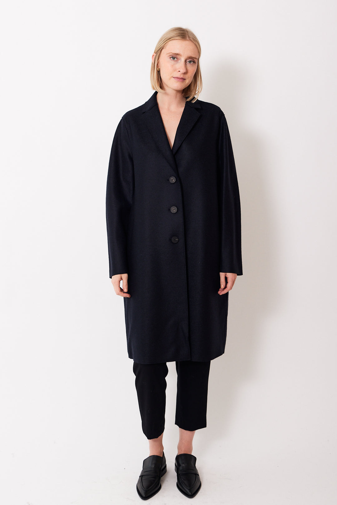 Madi wearing Harris Wharf Pressed Wool Overcoat With Liberty Quilted Lining front view