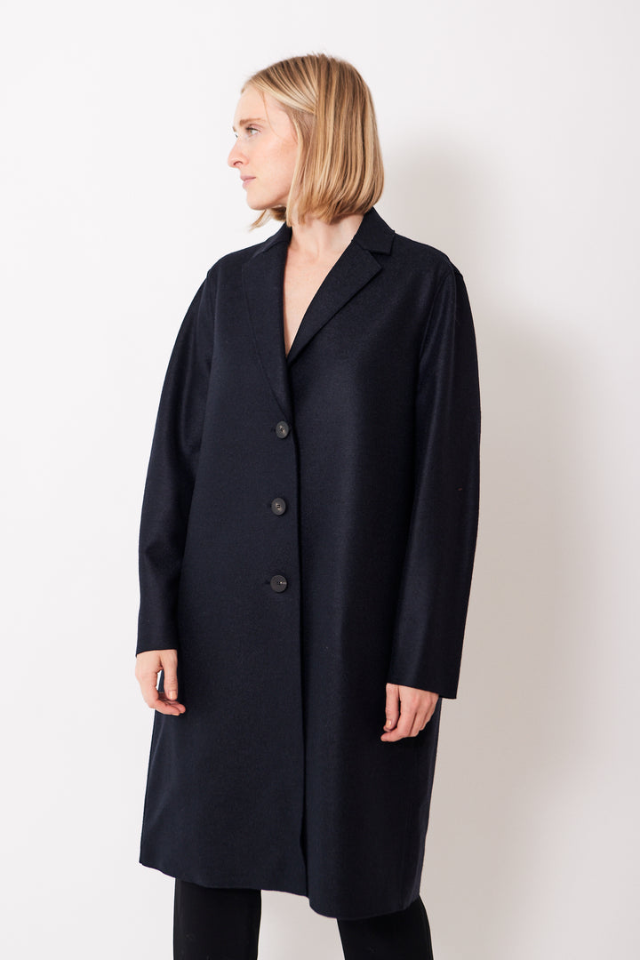 Madi wearing Harris Wharf Pressed Wool Overcoat With Liberty Quilted Lining front view