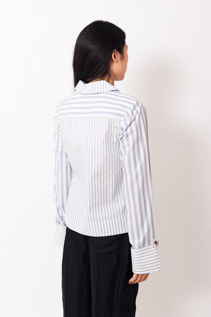 Madelyn wearing Ganni Stripe Cotton Shirt Egret rear view