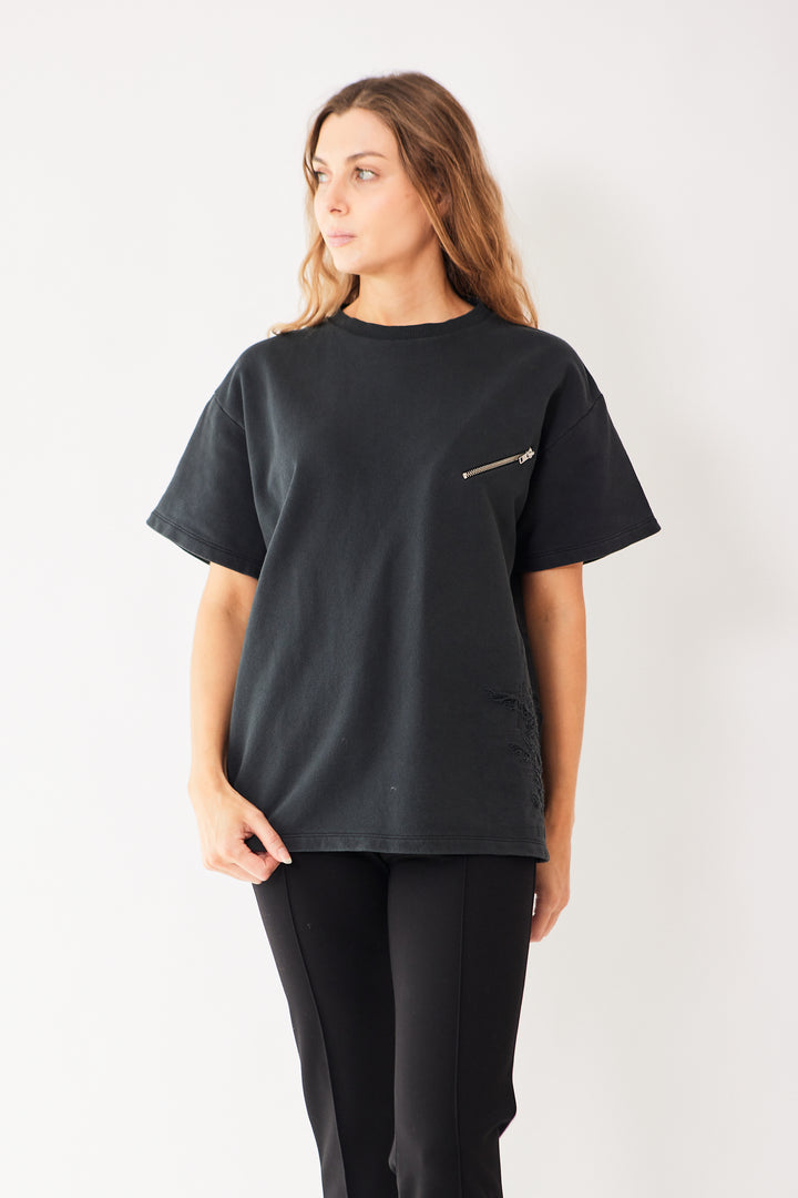 Mari wearing MM6 Maison Margiela Diagonal Zip Pocket Tee Sweatshirt front view