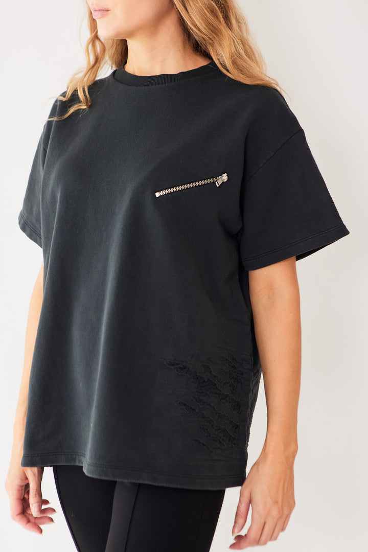 Mari wearing MM6 Maison Margiela Diagonal Zip Pocket Tee Sweatshirt front view