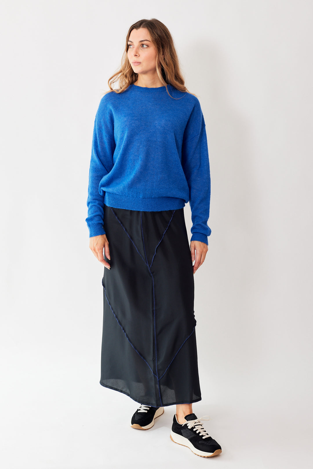 Mari wearing 6397 Deconstructed Midi Skirt front view