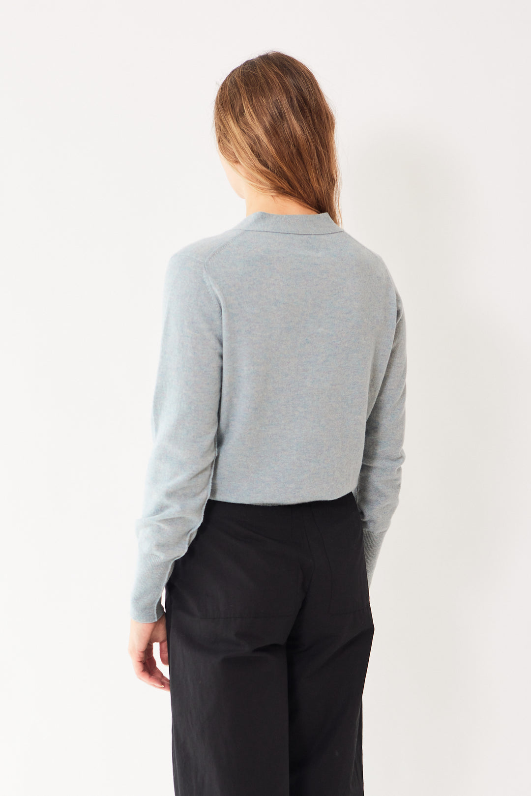 Mari wearing Allude Virgin Wool Cashmere 5 Button Cardigan rear view