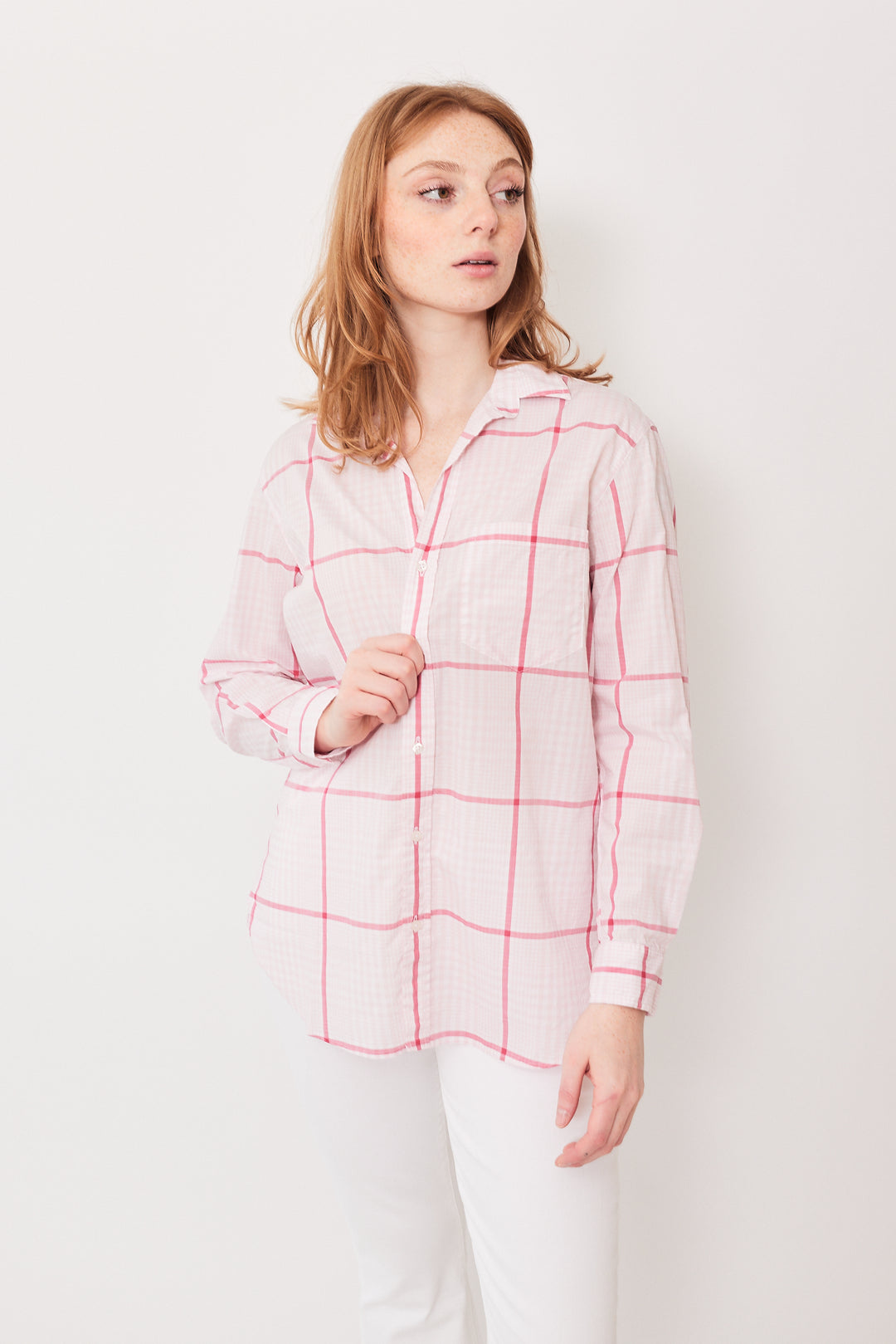 Waverly wearing Frank & Eileen Joedy Woven Button Up front view