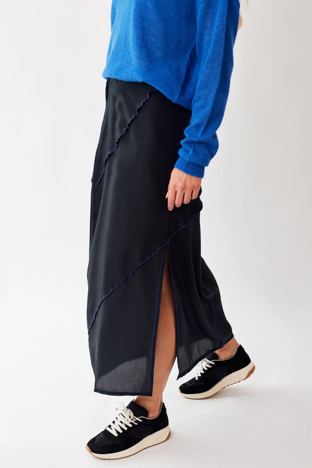 Mari wearing 6397 Deconstructed Midi Skirt front/side view