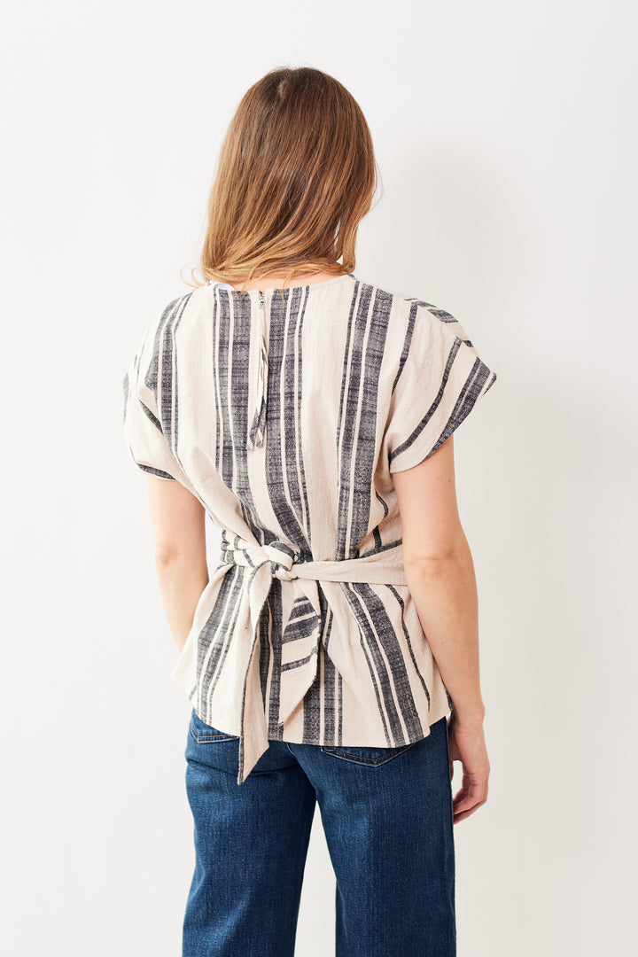 Mari wearing Apiece Apart Lydda Tie Top rear view