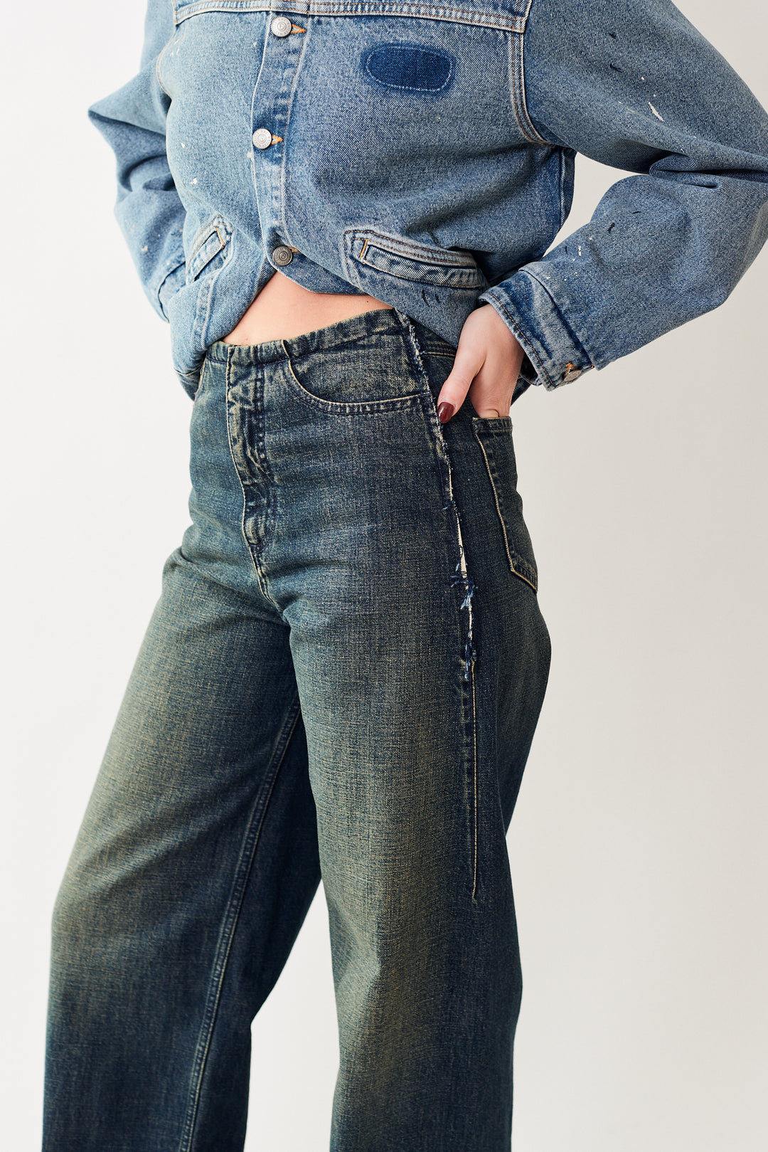 Julia is wearing MM6 by Maison Margiela Raw Seam Full Denim Trouser front view