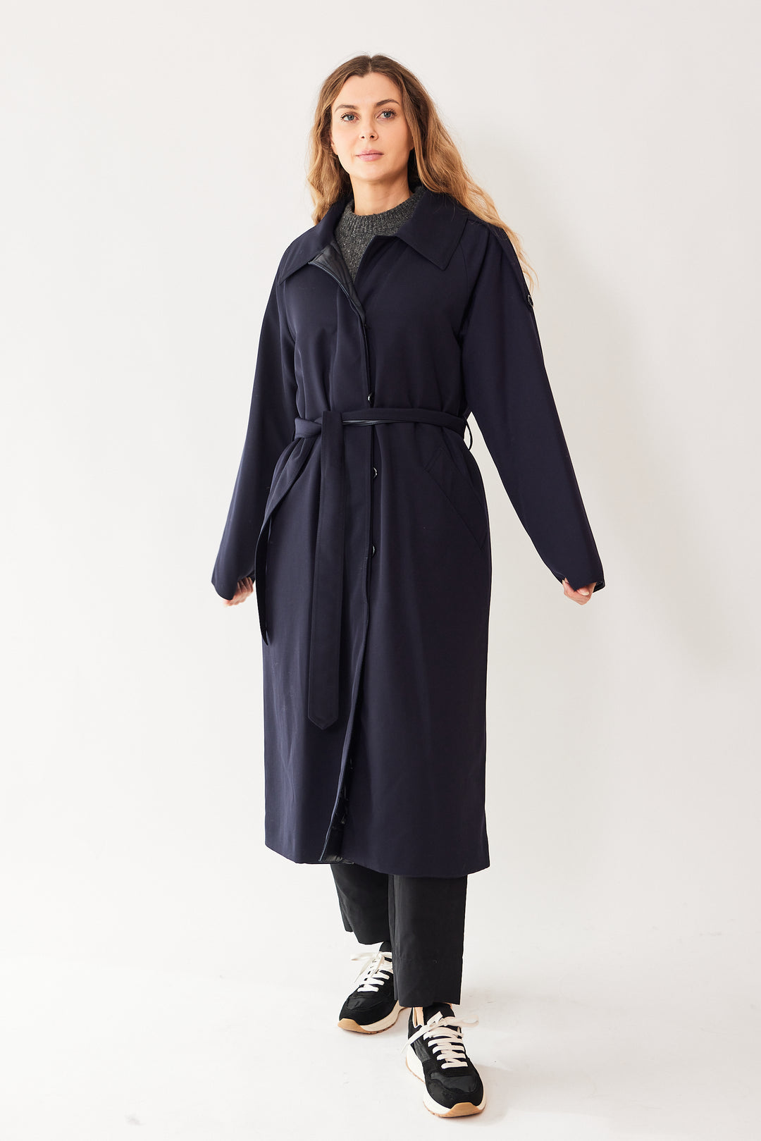 Mari wearing Herno Reversible Twill To Shiny Nylon Long Coat With Belt front view