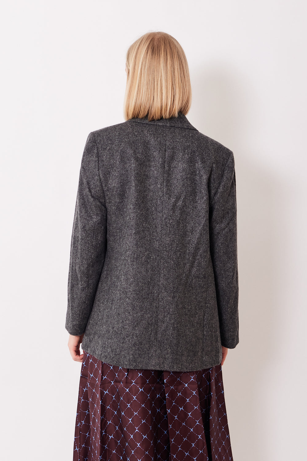 Madi wearing Rosso 35 Double Breasted Wool Cashmere Blazer rear view