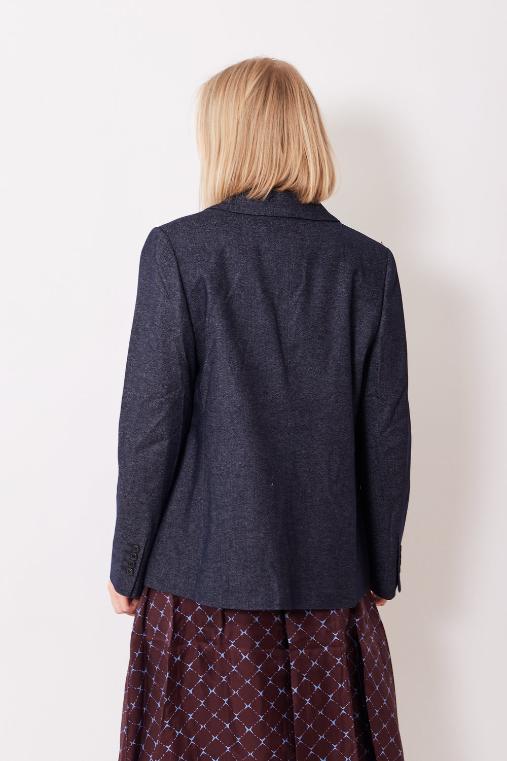 Madi wearing Rosso 35 Soft Denim Look Blazer rear view