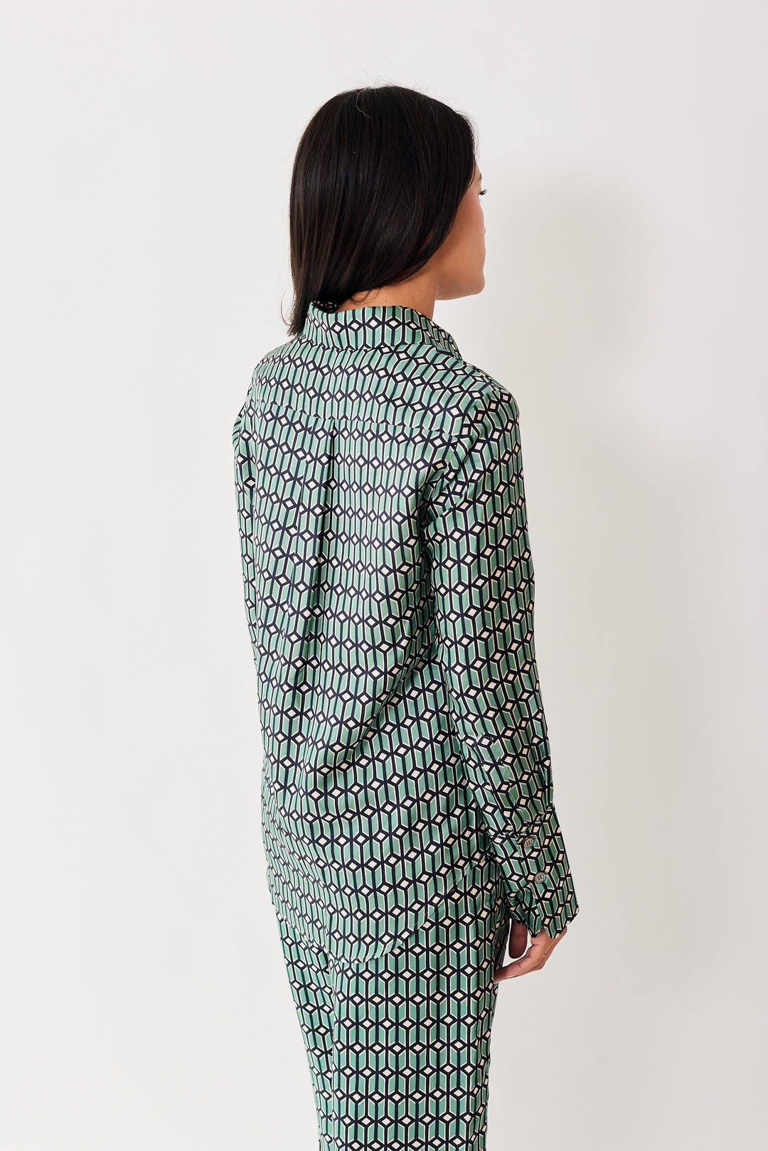 Amanda wearing Odeeh Silk Geometric Blouse rear view