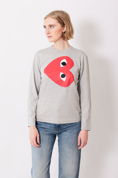 Model wearing Comme des Garçons PLAY L/S Sideways Red Heart Tee front view