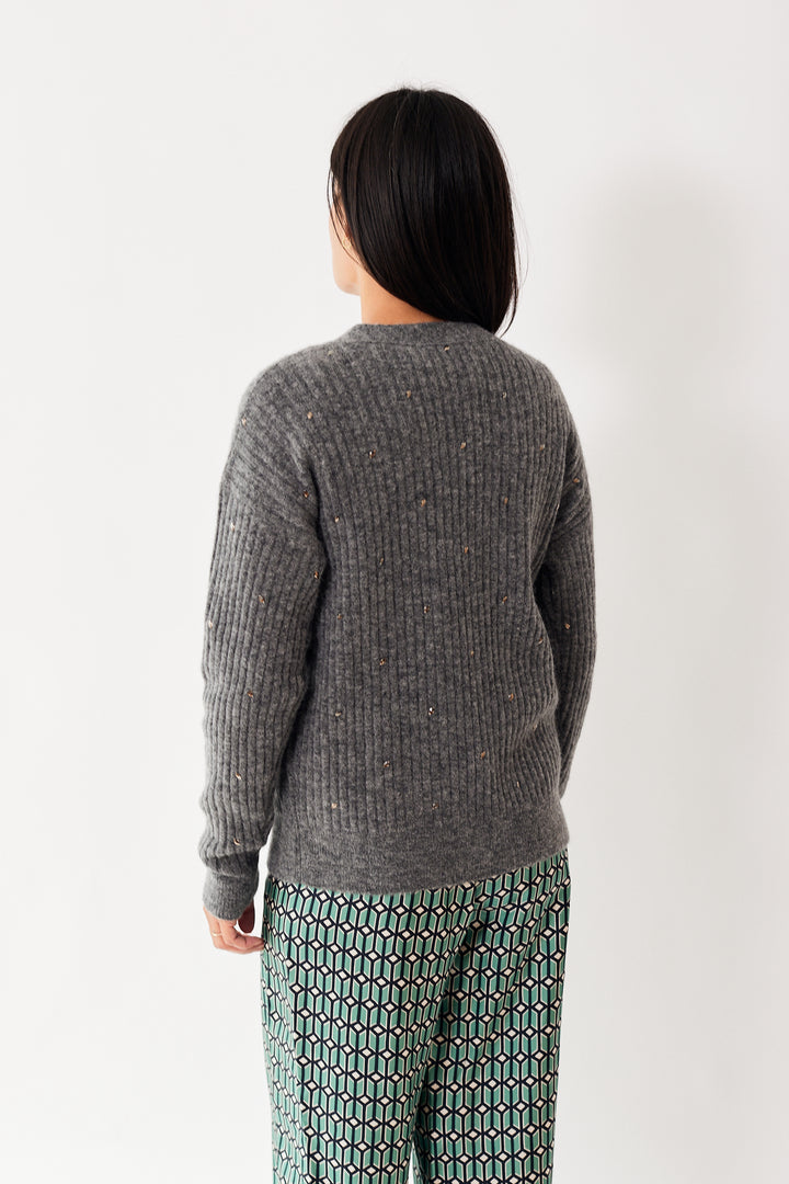 Amanda wearing Odeeh Embellished Four Button Cardigan rear view