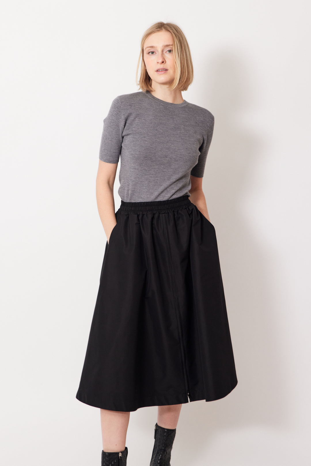 Madi wearing Golden Goose Zip Front Circle Skirt In Tech Nylon front view